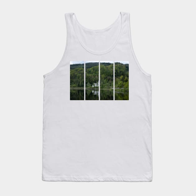 Wonderful landscapes in Norway. Vest-Agder. Beautiful scenery of whtite Gyland church reflecting in the lake. Mountains, road and trees in the background Tank Top by fabbroni-art